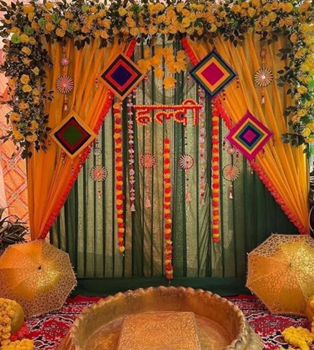 Pink sofa with colorful flower arch